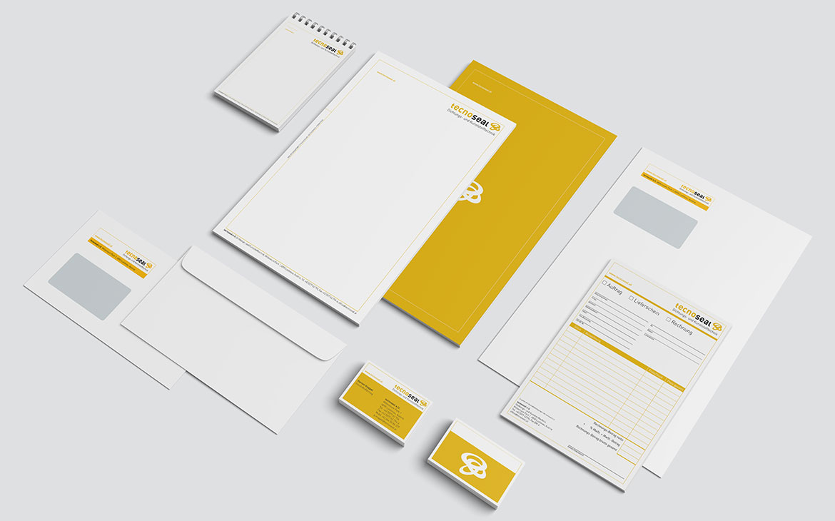 tecnoseal Corporate Design mit Briefpapier und Notizblock